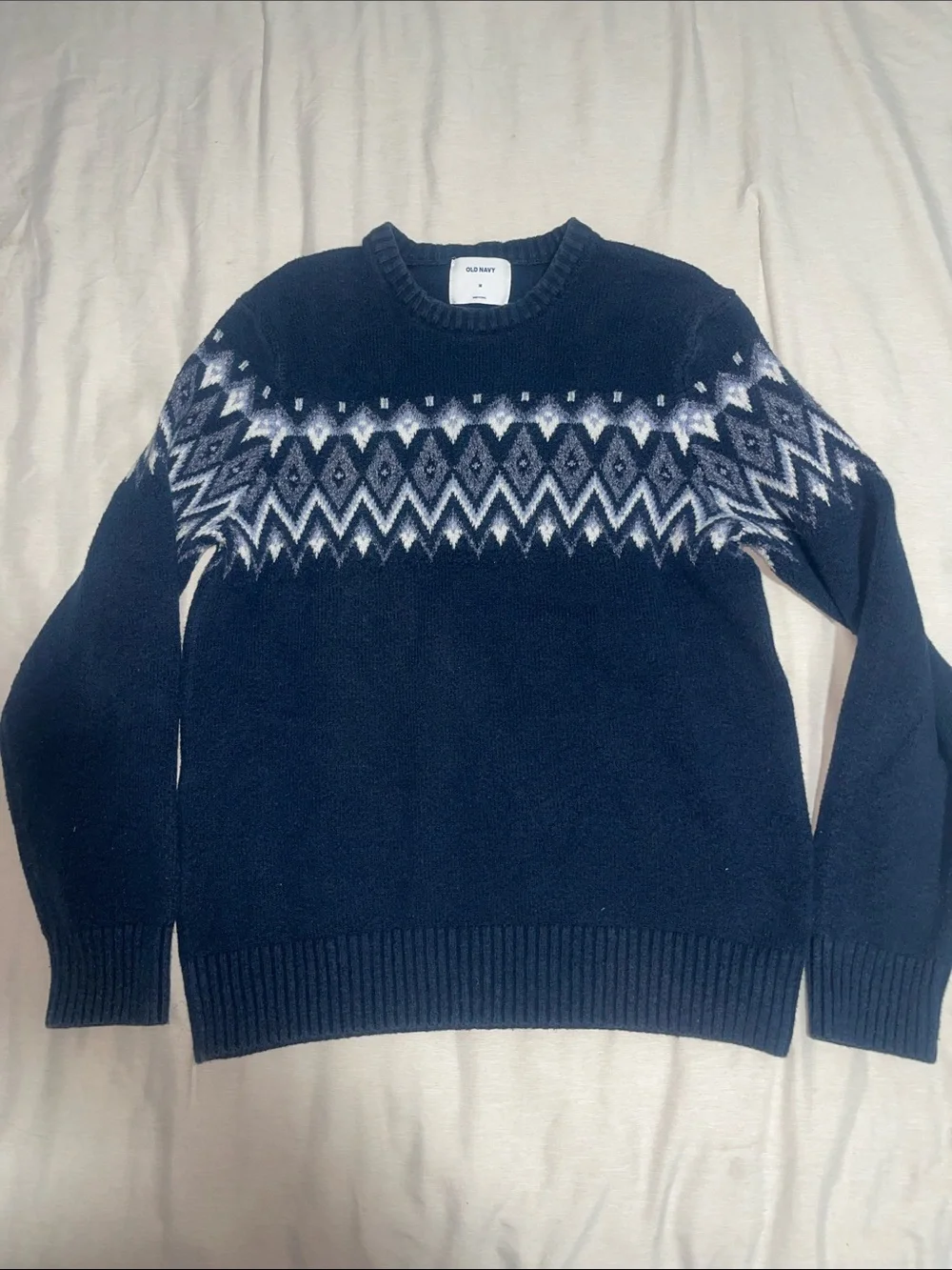 Old Navy Men's Navy and White Fair Isle Crewneck Sweater